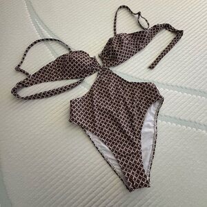 Cupshe Brown and White Geometric Monokini Swimsuit